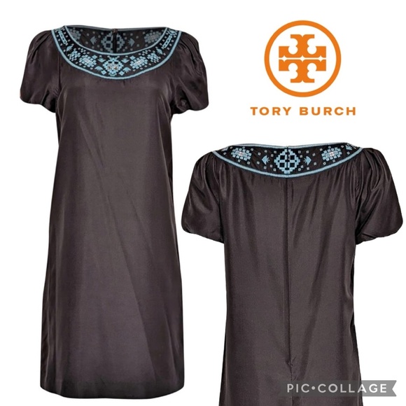 Tory Burch Lottie Turquoise Embroidered Yoke Black Silk Shift Mini Dress Size 12 - Picture 16 of 16